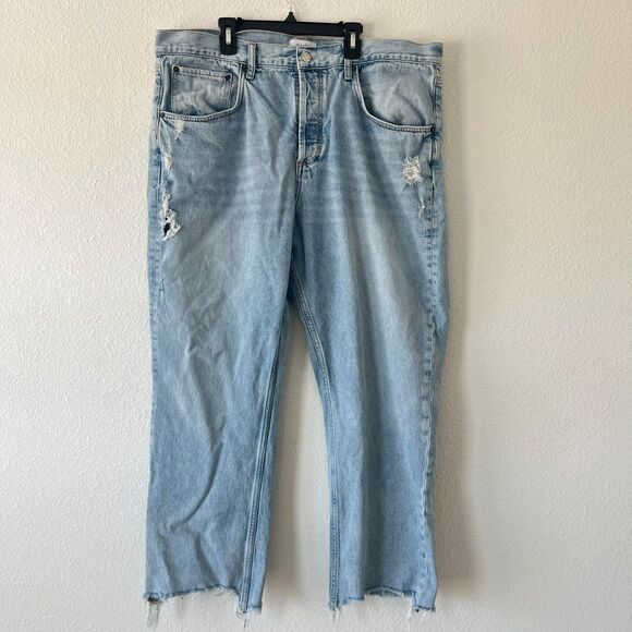 Nuuds Baggy Jeans Women's 34 Blue Denim Cotton Distressed Thrashed Frayed Hem - Picture 1 of 8